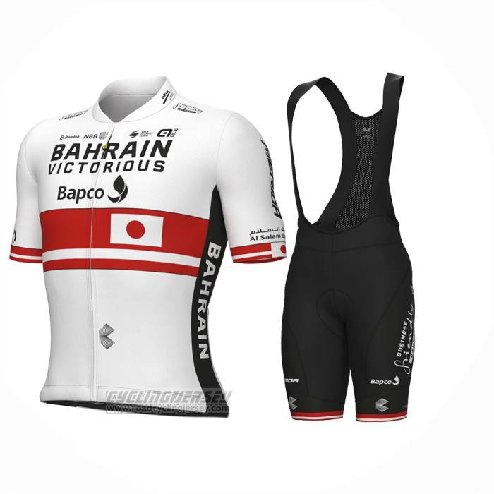 2023 Cycling Jersey Japanese Champion Bahrain Victorious White Red Short Sleeve and Bib Short